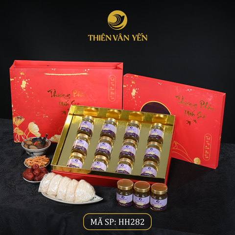 Hộp Quà Tặng 12 Hũ - Tổ Yến Chưng Saffron Tía Tô Đất 3g/ 9g - Đỏ Hoa Sen - Thiên Vân Yến