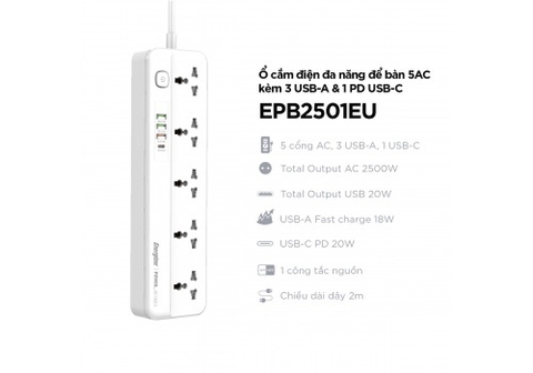 Ổ điện đa năng 5AC kèm 3USB-A và 1USB-C sạc nhanh PD (max 20W) - White - EPB2501EUWE