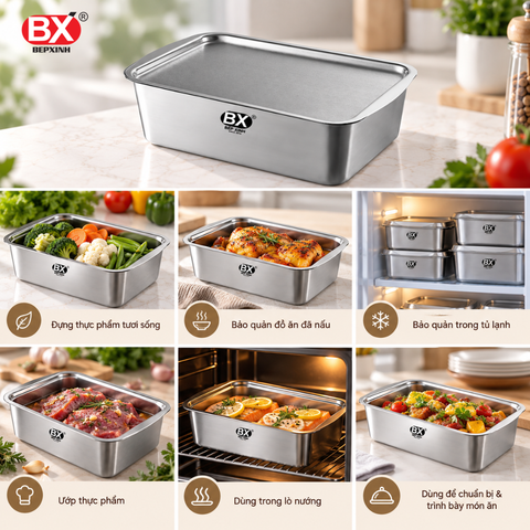 Hộp Đựng Thực Phẩm Inox 304 Bếp Xinh – Tặng Kèm Vỉ