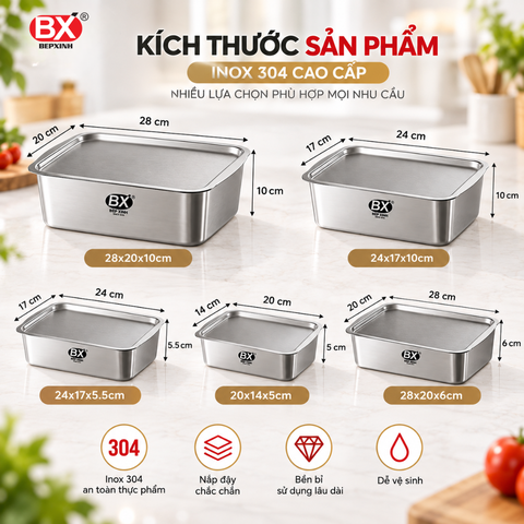 Hộp Đựng Thực Phẩm Inox 304 Bếp Xinh – Tặng Kèm Vỉ
