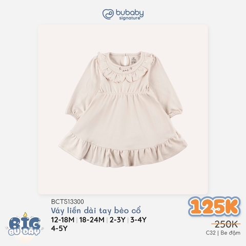 (12M-5Y) Váy liền dài tay bèo cổ + Váy Yếm Thu nhẹ cho bé gái Bubaby Cotton BCT513300 | Quần áo BU Chính hãng