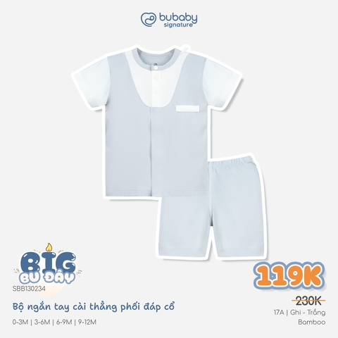 (0-12M) Bộ quần áo ngắn tay cài giữa phối đáp cổ mềm mát vải sợi tre - BB130234 | BU Baby chính hãng