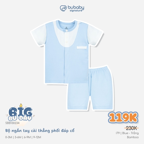 (0-12M) Bộ quần áo ngắn tay cài giữa phối đáp cổ mềm mát vải sợi tre - BB130234 | BU Baby chính hãng