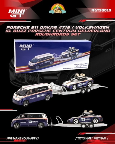 ĐỒ CHƠI XE MÔ HÌNH MINIGT 1:64- PORSCHE 911 DAKAR #718/ VOLKSWAGEN ID. BUZZ PORSCHE CENTRUM GELDERLAND ROUGHROADS SET- MGTS0019