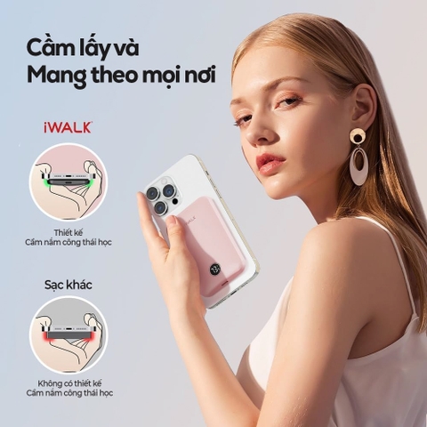 Sạc dự phòng iWALK PowerGrip Slim 5000mAh – Sạc không dây từ tính 15W – Siêu mỏng – LED hiển thị