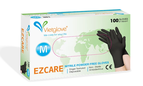 Găng tay Ezcare Nitrile Vietglove – Găng tay cao su y tế không bột, màu đen, chống hóa chất, bảo vệ tay khi xăm và vệ sinh studio
