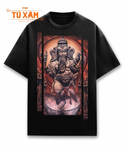 Áo thun hình xăm – Ganesha – unisex form rộng tay lỡ, cotton 100% 250gsm, in DTG siêu thoáng, tattoo art cao cấp, độc quyền Master Tú Đen