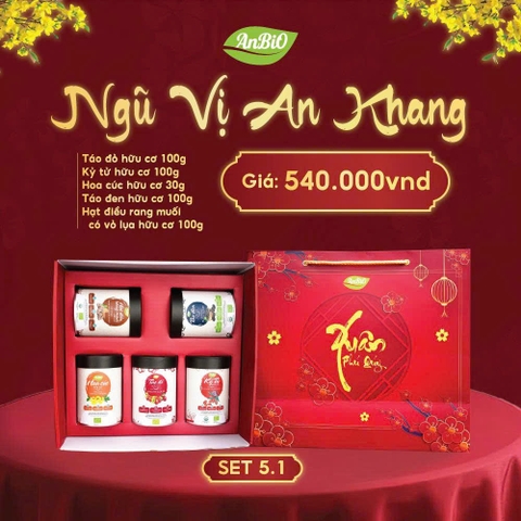 Set 5.1 - Ngũ vị an khang ( táo đỏ, kỷ tử, hoa cúc, táo đen, hạt điều rang muối có vỏ lụa (hộp tròn thấp)) (Set)