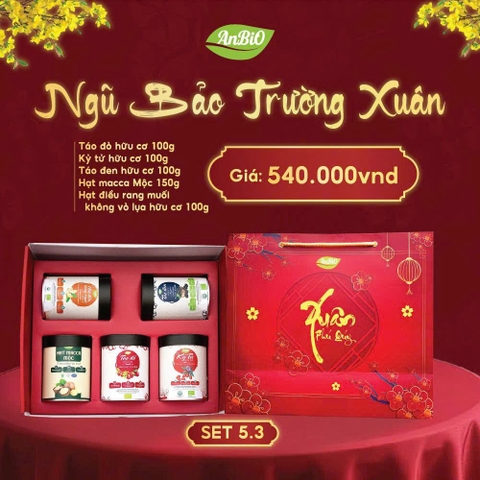 Set 5.3 - Ngũ bảo trường xuân ( táo đỏ, kỷ tử, táo đen, macca, hạt điều rang muối không vỏ lụa (hộp tròn thấp))