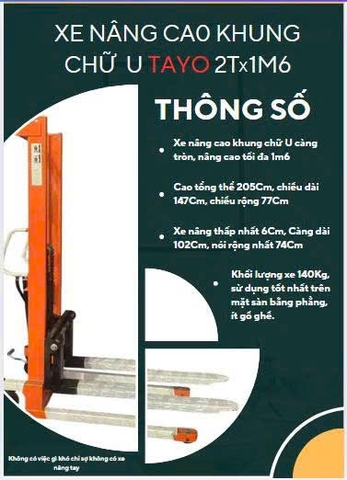 Xe nâng cao thuỷ lực TAYO Khung U 2T 1M6