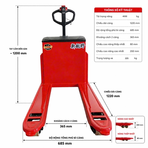 Xe nâng tay điện thuỷ lực TAYO 3 Tấn 685MM PRO