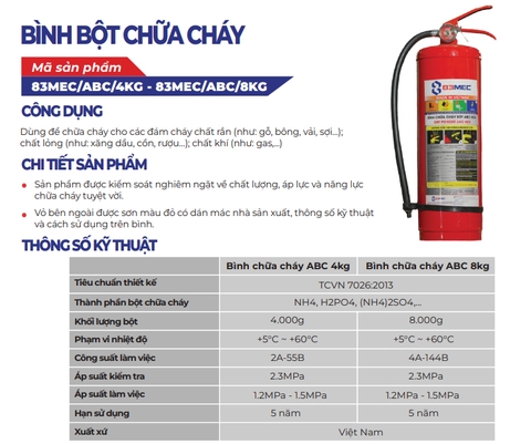 Bình bột chữa cháy ABC 8kg 83MEC Bộ Quốc Phòng chính hãng