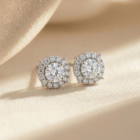 Bông tai Platinum thiết kế Halo đính đá tròn lấp lánh BN JEWELRY _ BDY2008_PT