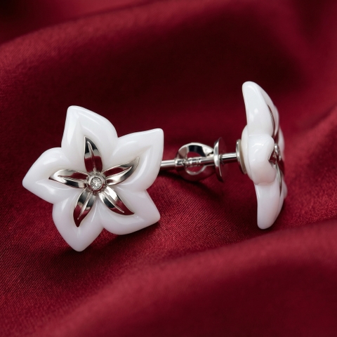 Bông tai hoa ly mã não trắng BN Jewelry