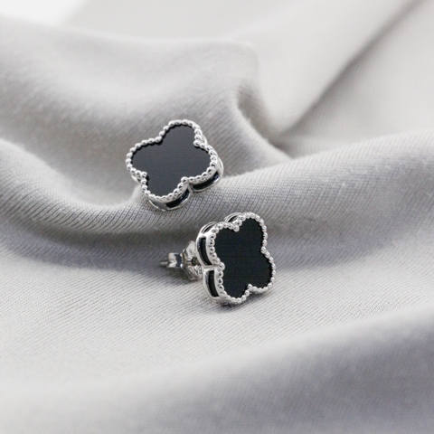 Bông tai Bạch kim Platinum thiết kế cỏ 4 lá đen viền bi BN JEWELRY | bản 10 ly - BDY2426_PT