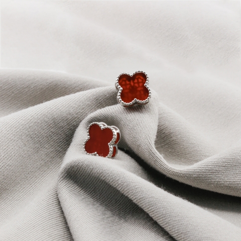 Bông tai Bạch Kim Platinum cỏ 4 lá đá đỏ viền bi BN JEWELRY | bản 8 ly - BDY2404_PT