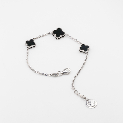 Lắc tay Bạch kim Platinum cỏ 4 lá đá đen viền bi phối 3 Charm BN JEWELRY | bản 10 ly & 8 ly - LTY1914_PT