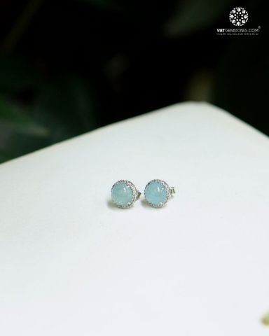 Bông Tai Hải Lam Ngọc - Aquamarine Viền Bạc Đính Đá