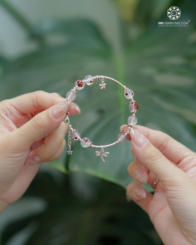 Lắc Tay Đá Mã Não Chu Sa Charm Bạc Thái 925