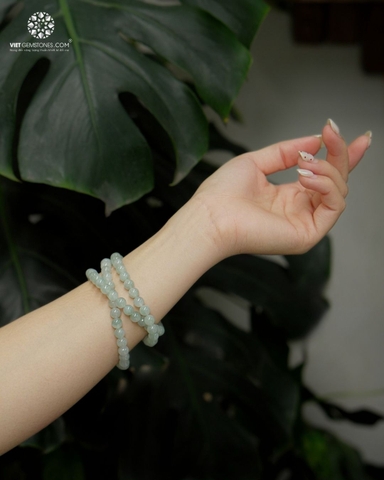 Chuỗi Cổ - Vòng 3 Lines Cẩm Thạch Trắng Phớt Xanh Nếp Băng - Jadeite 7mm