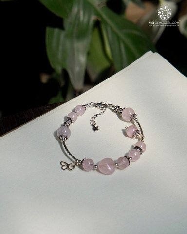 Lắc Tay Thạch Anh Hồng Charm Bạc