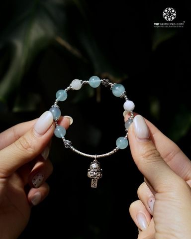 Lắc Tay Hải Lam Ngọc - Aquamarine Charm Mèo Thần Tài