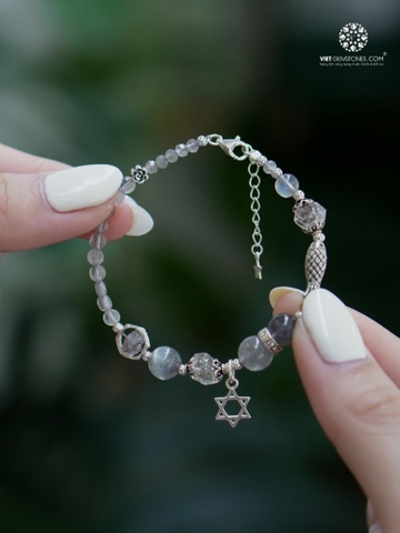 Lắc Tay Hắc Nguyệt Quang & Thạch Anh Kim Cương Charm Bạc