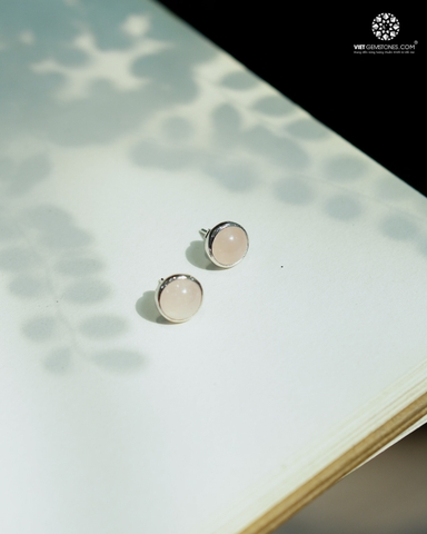 Bông Tai Thạch Anh Hồng Viền Bạc