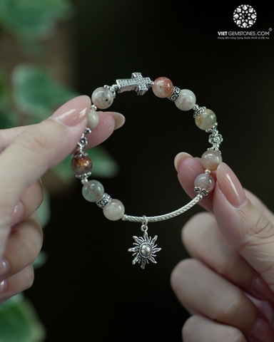 Lắc Tay Mân Côi Đá Mặt Trời Charm Bạc Thái 925