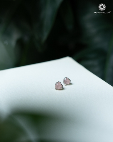 Bông Tai Trái Tim Thạch Anh Hồng - Bạc 950 Phủ Bạch Kim