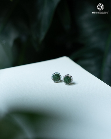 Bông Tai Hoa Hồng Ngọc Bích Đính Đá Bạc Phủ Bạch Kim