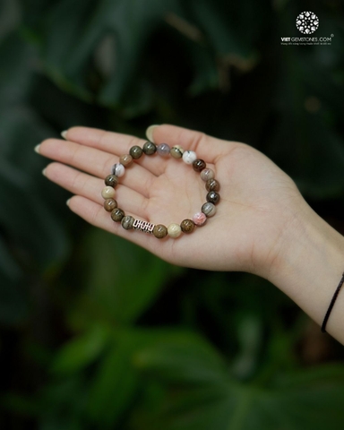 Vòng tay Gỗ Hoá Thạch 08mm charm bạc 2