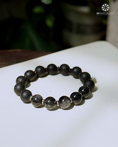 Vòng Tay Obsidian 12mm phối Thạch Anh Tóc Đen