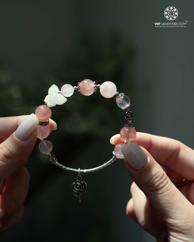 Lắc Tay Thạch Anh Hồng Phối Hồ Điệp Bạch Ngọc