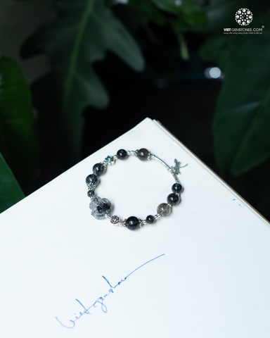 Lắc Tay Hồ Ly Thạch Anh Tóc Đen Charm Bạc