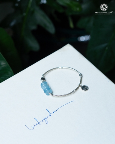 Lắc Tay Ngũ Điếu Aquamarine (Hải Lam Ngọc) Charm Bạc