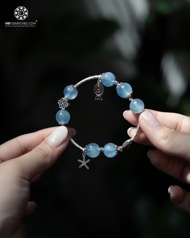 Lắc Tay Aquamarine (Hải Lam Ngọc) 12mm Mix Charm Bạc
