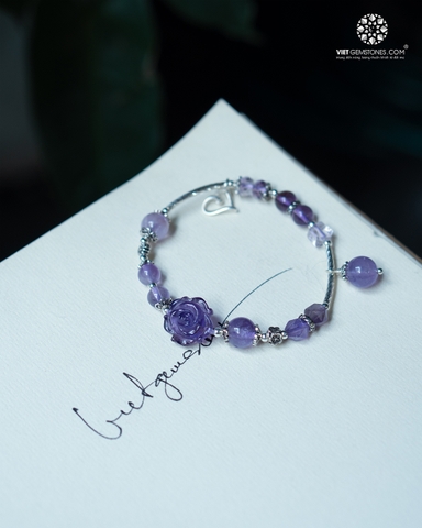 Lắc Tay Hoa Mẫu Đơn Thạch Anh Tím Charm Bạc Thái 925