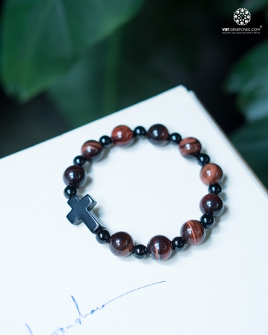 Chuỗi Mân Côi Mắt Hổ Đỏ 10mm phối Thánh giá Mã não đen