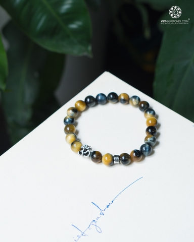 Vòng Tay Đá Mắt Hổ Xanh Dương Pha Vàng 8mm - ký tự OM