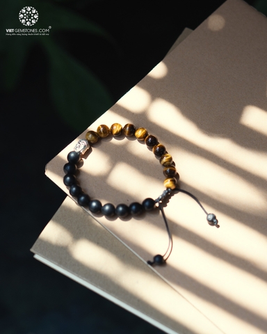 Vòng Tay Mala Đá Mắt Hổ Vàng x Obsidian 8mm Charm Phật
