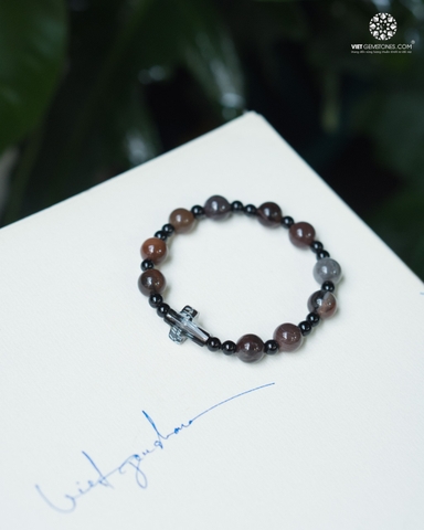 Chuỗi Mân Côi Gỗ Hoá Thạch 8mm Thánh Giá Pha Lê Swarovski