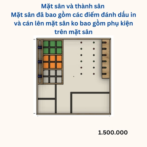 Mặt sân và thành sân  Mặt sân đã bao gồm các điểm đánh dấu in và cán lên mặt sân ko bao gồm phụ kiện trên mặt sân