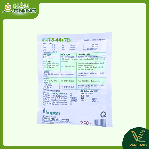 HỢP TRÍ - Phân bón lá NPK-Vi lượng 7-5-44+TE 250g - Nts 7% + P₂O₅hh 5% + K₂Ohh 44% + Zn 200 ppm + Cu 200 ppm + Mn 800 ppm + Fe 600 ppm + B 120 ppm -