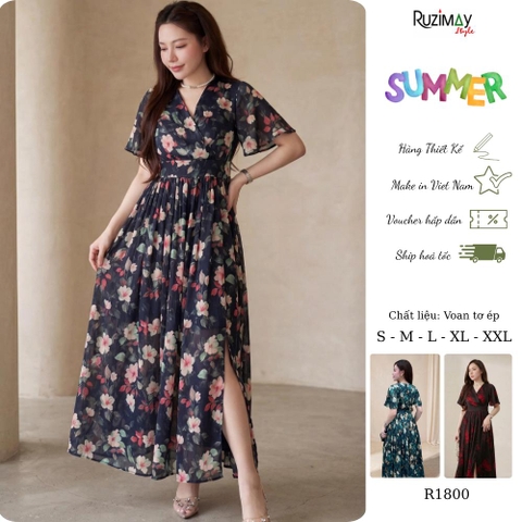 Đầm Maxi Voan Hoa Cổ V Tay Cánh Tiên Xẻ Tà Ruzimay R1800 – Dáng Dài Nữ Tính Đi Biển Dự Tiệc