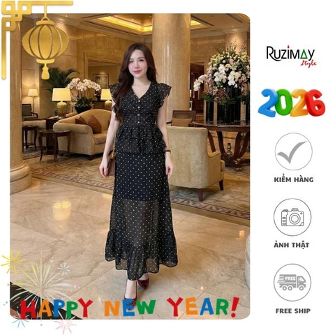 Đầm maxi Ruzimay tay hến chấm bi voan dáng dài R1500