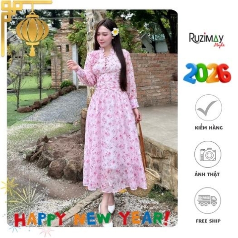 Đầm Maxi Ruzimay Tay Dài Cổ Khuy Bèo R1001