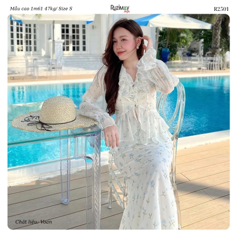 Đầm Maxi Hoa Nhí Cổ V Bèo Tay Dài Dáng Ôm Ruzimay R2500 Floral Peplum
