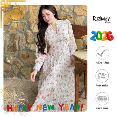 Đầm Maxi Ruzimay Tay Dài Cổ Khuy Bèo R1003