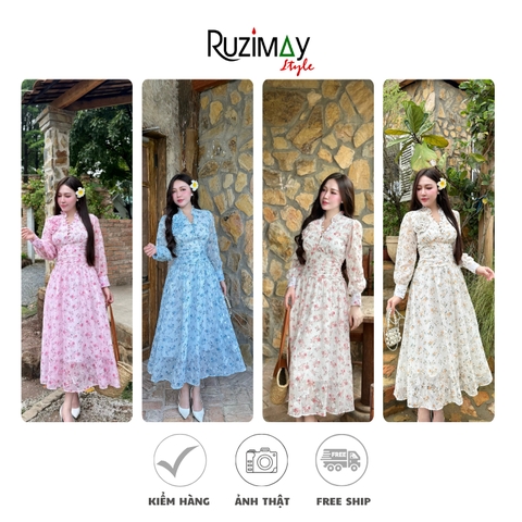 Đầm maxi tay dài cổ bèo khuy R1000